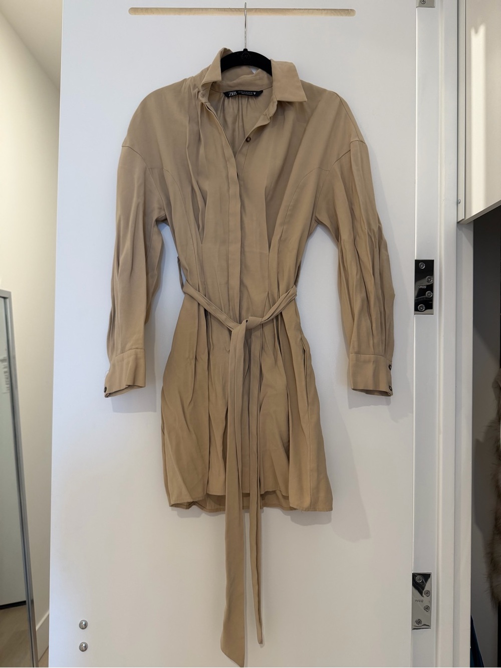 Zara Tan Tie-Waist Mini Shirt Dress